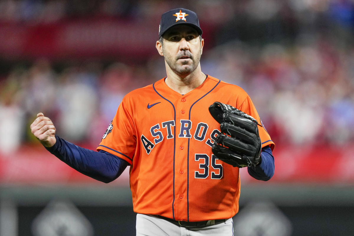 Astros ace Justin Verlander celebrates the last out in the fifth inning in Game 5 of the 2022 World Series.